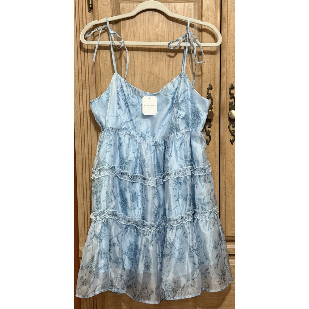 Altar'd State Floral Satin Tiered Sundress Dress Women's XL Light Blue Lined NWT - Picture 1 of 8